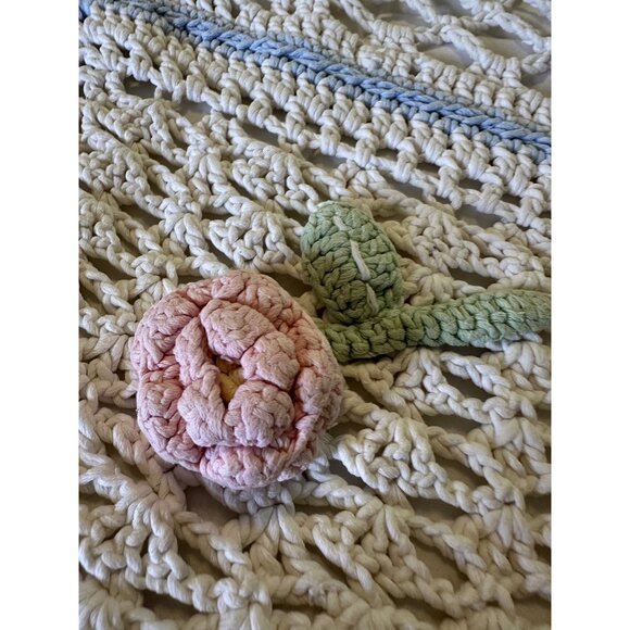 Handmade Crochet Wool Throw Blanket 47x57 3D Floral Squares Blue Border Cottage - Picture 10 of 16